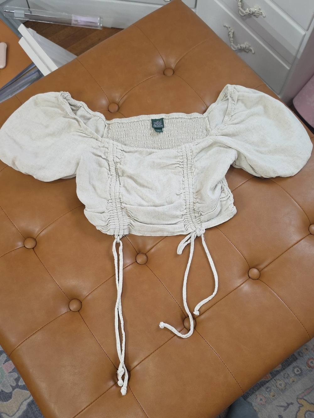 M wild fable Cream Smocked Off-Shoulder Drawstring Crop Top
